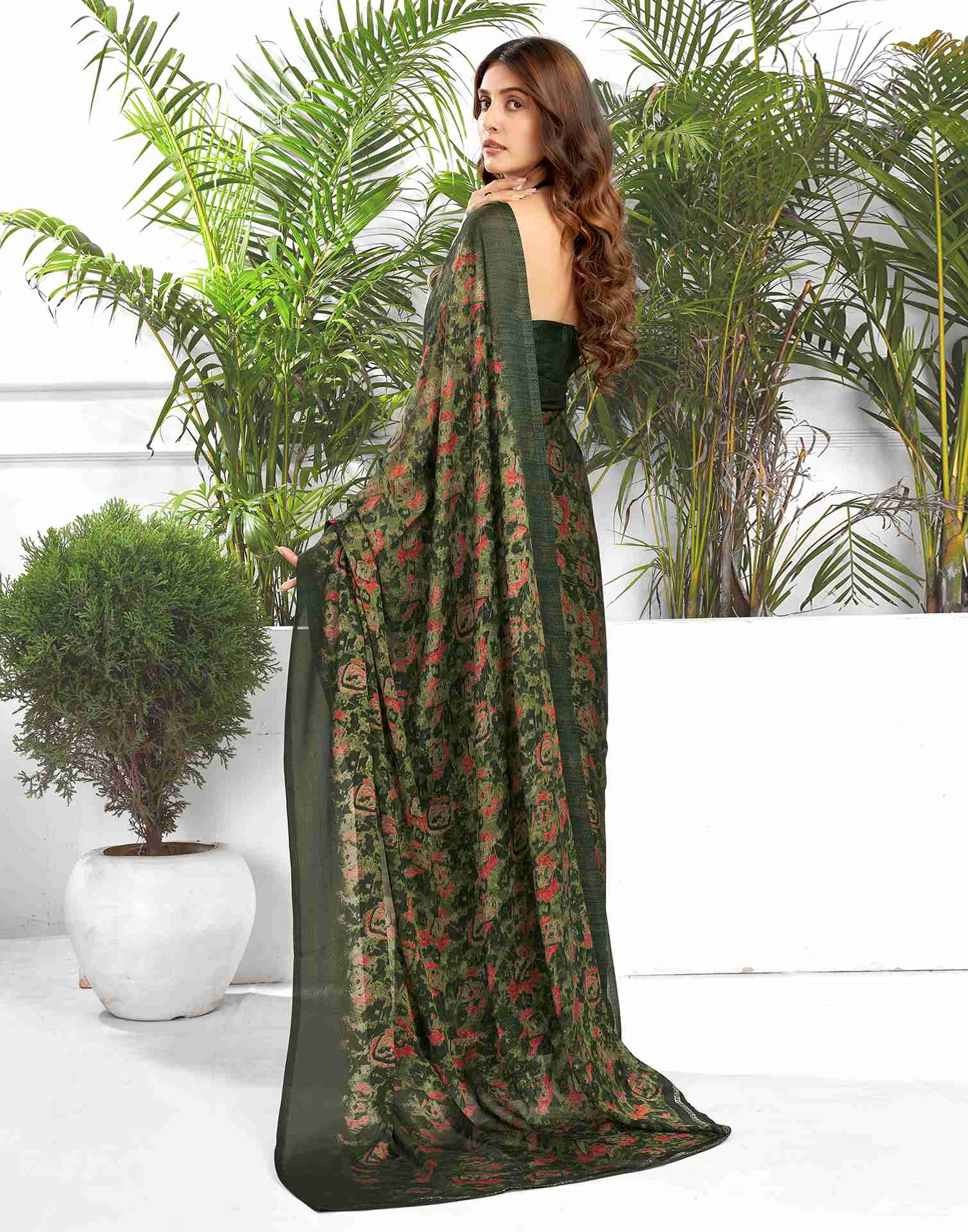 Dark Green Georgette Printed Saree