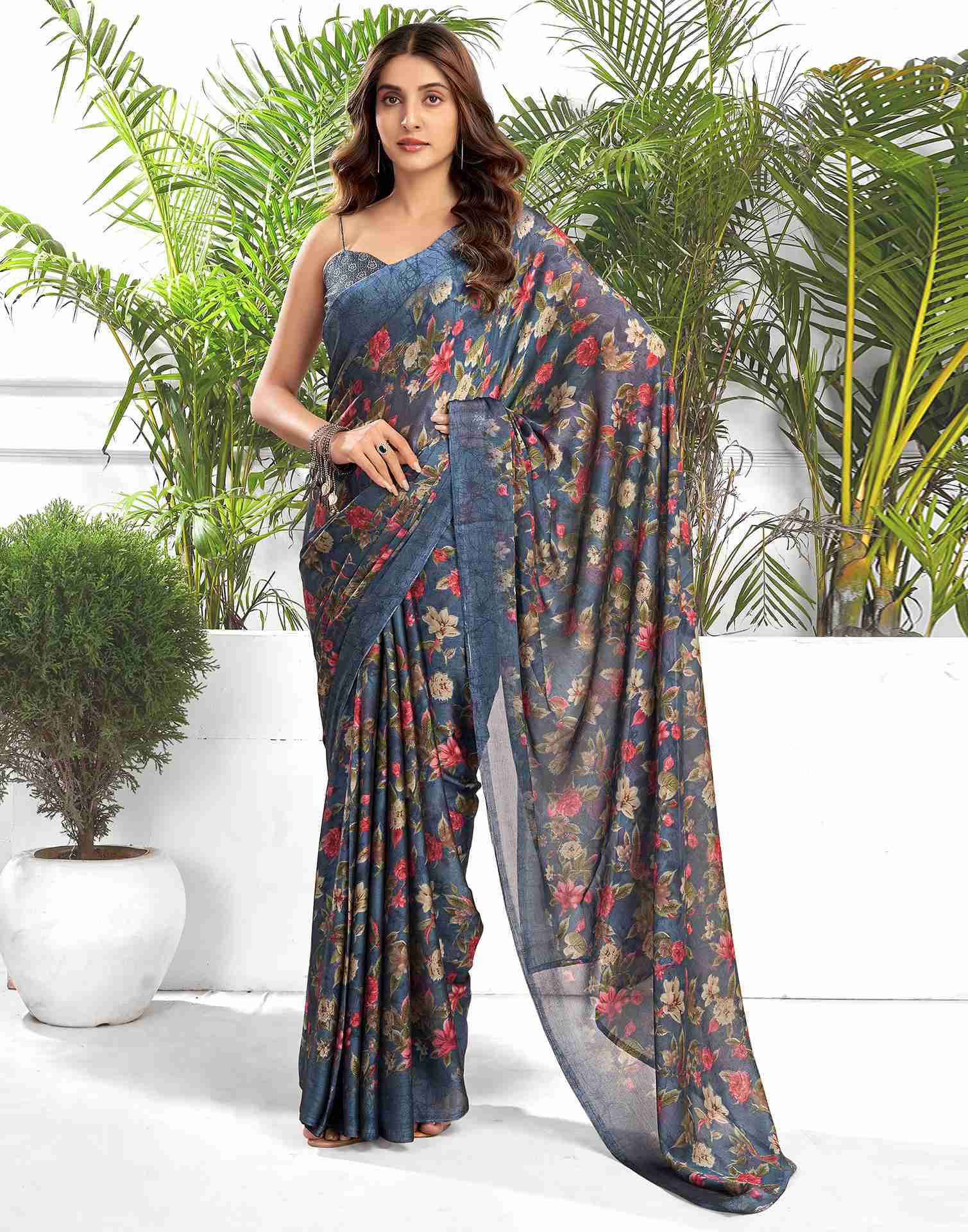 Dark Dusty Blue Georgette Printed Saree