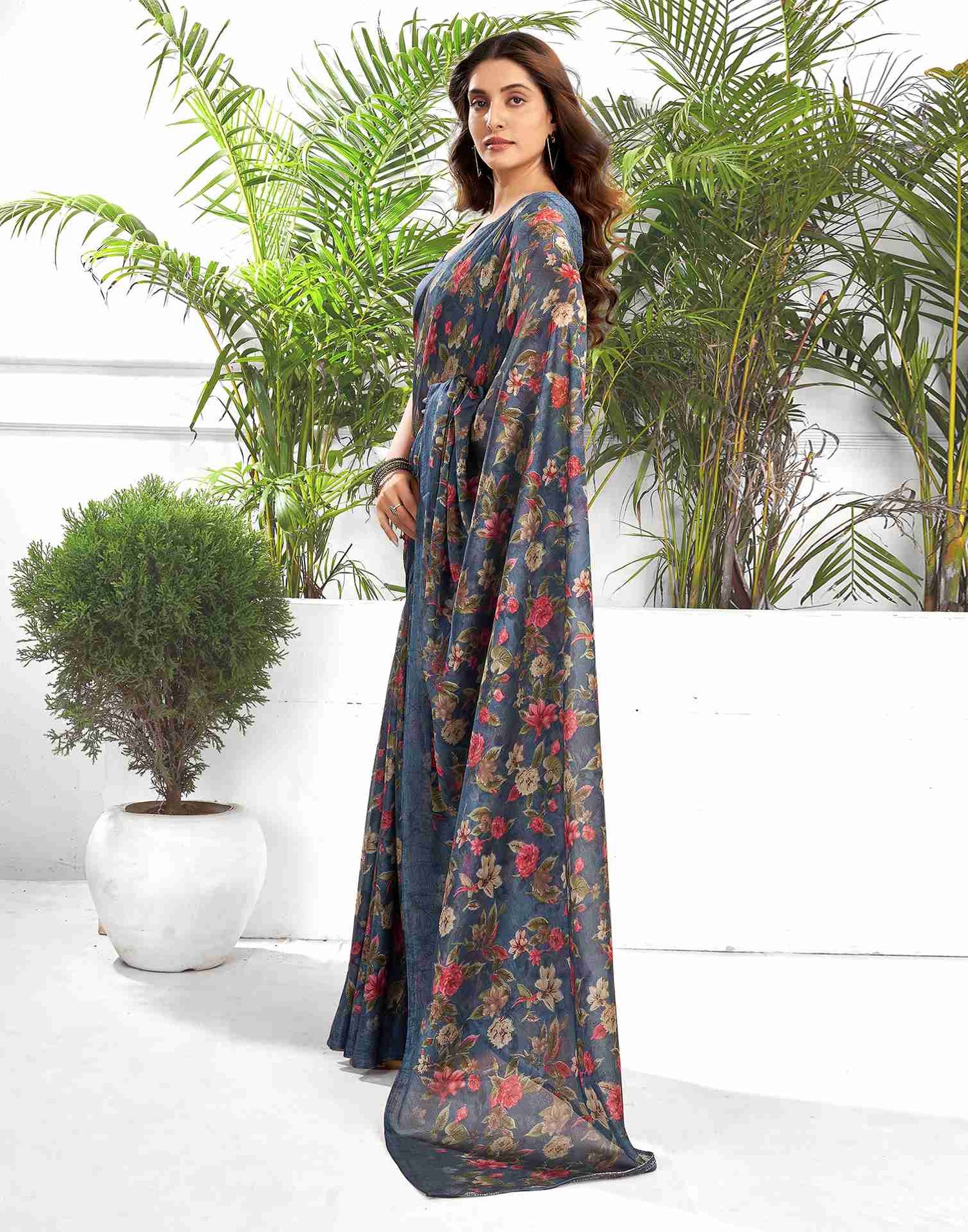 Dark Dusty Blue Georgette Printed Saree