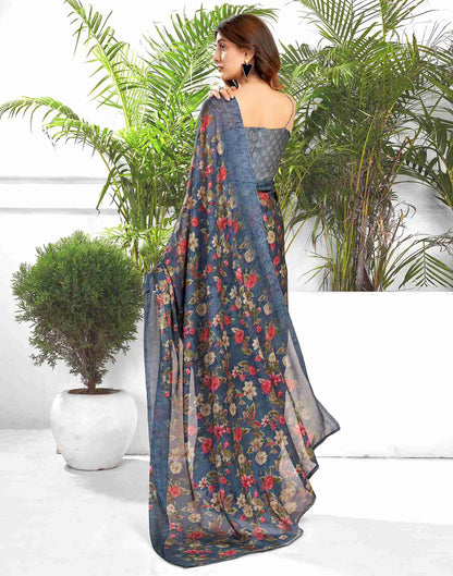 Dark Dusty Blue Georgette Printed Saree