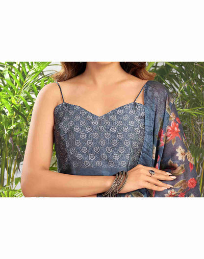 Dark Dusty Blue Georgette Printed Saree