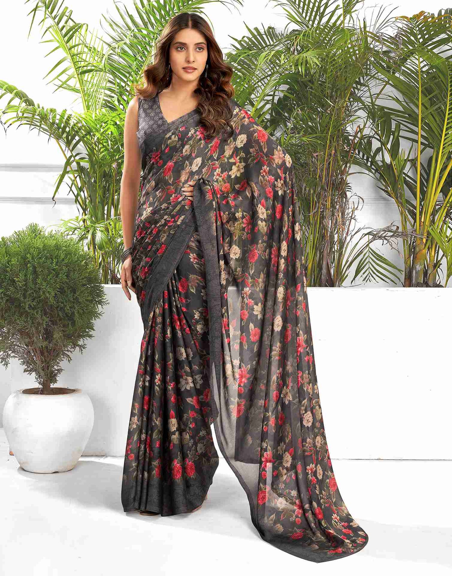 Dark Grey Georgette Printed Saree