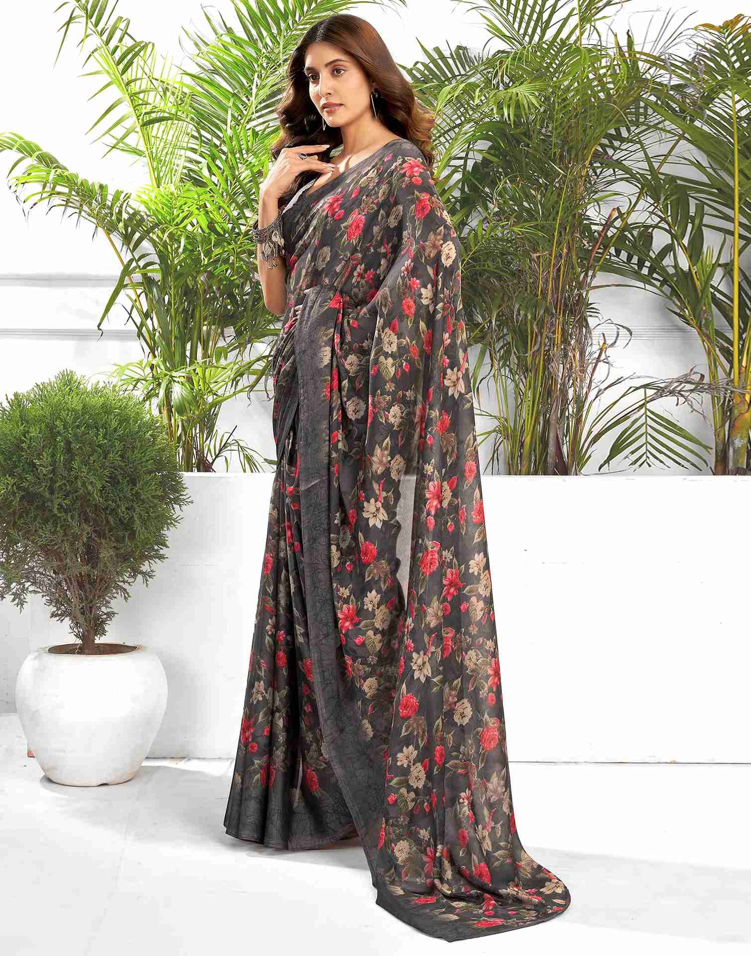 Dark Grey Georgette Printed Saree