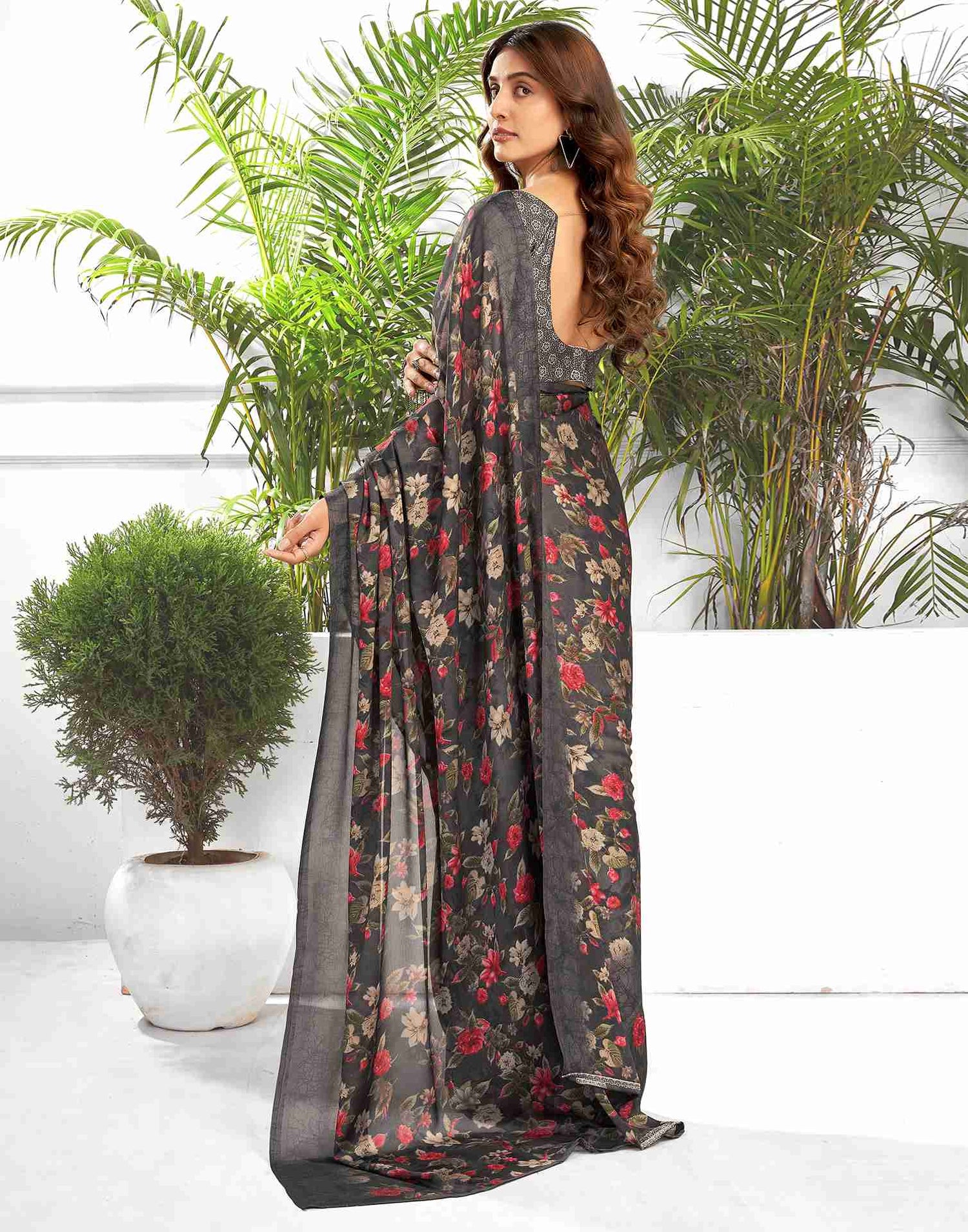 Dark Grey Georgette Printed Saree