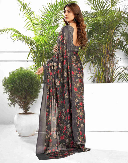 Dark Grey Georgette Printed Saree