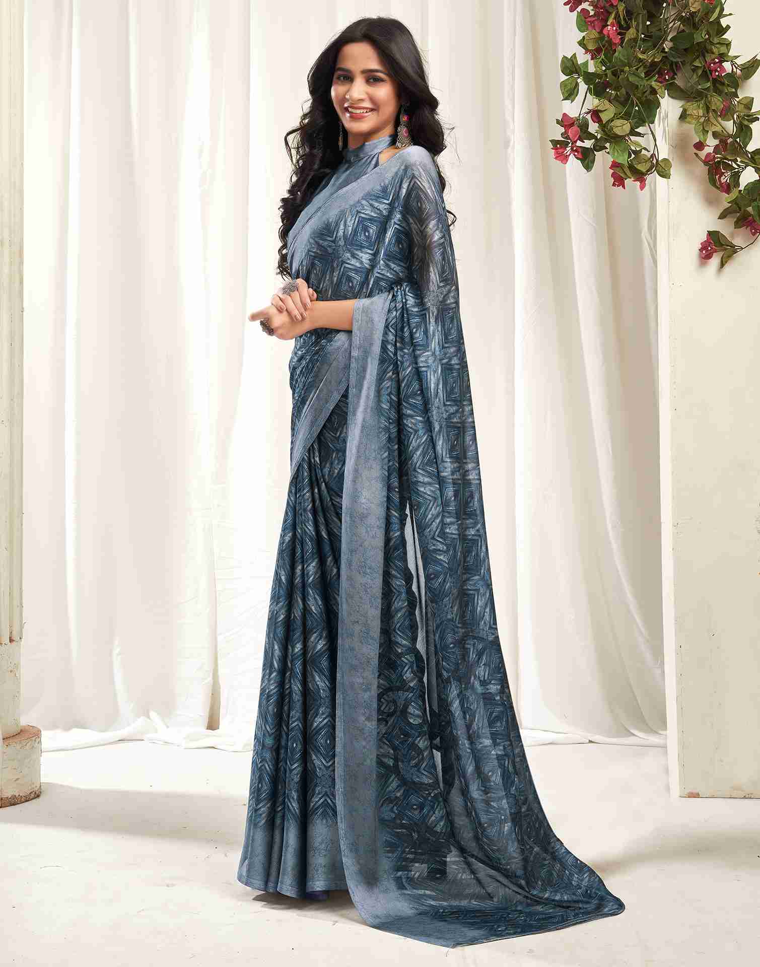 Steel Grey Georgette Printed Saree