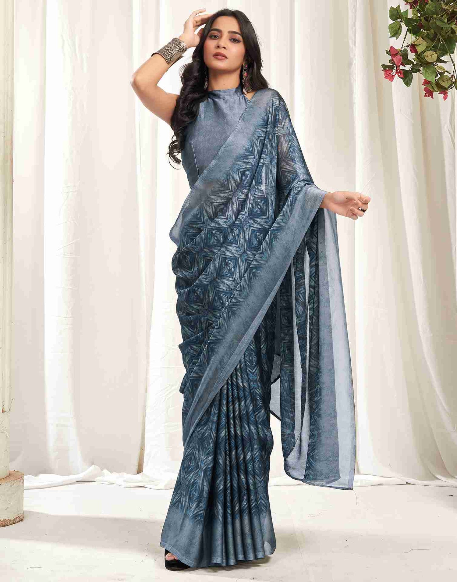 Steel Grey Georgette Printed Saree