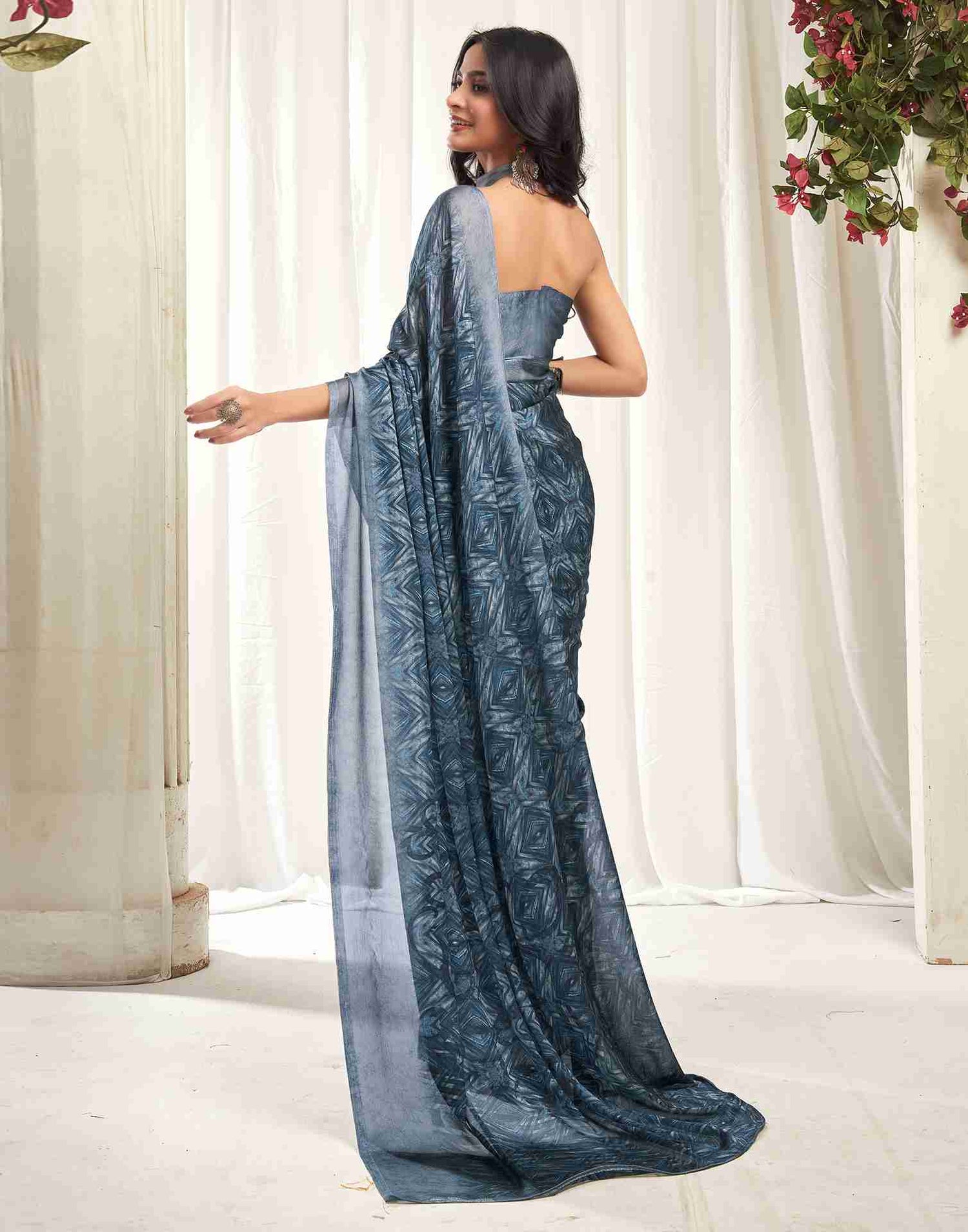 Steel Grey Georgette Printed Saree