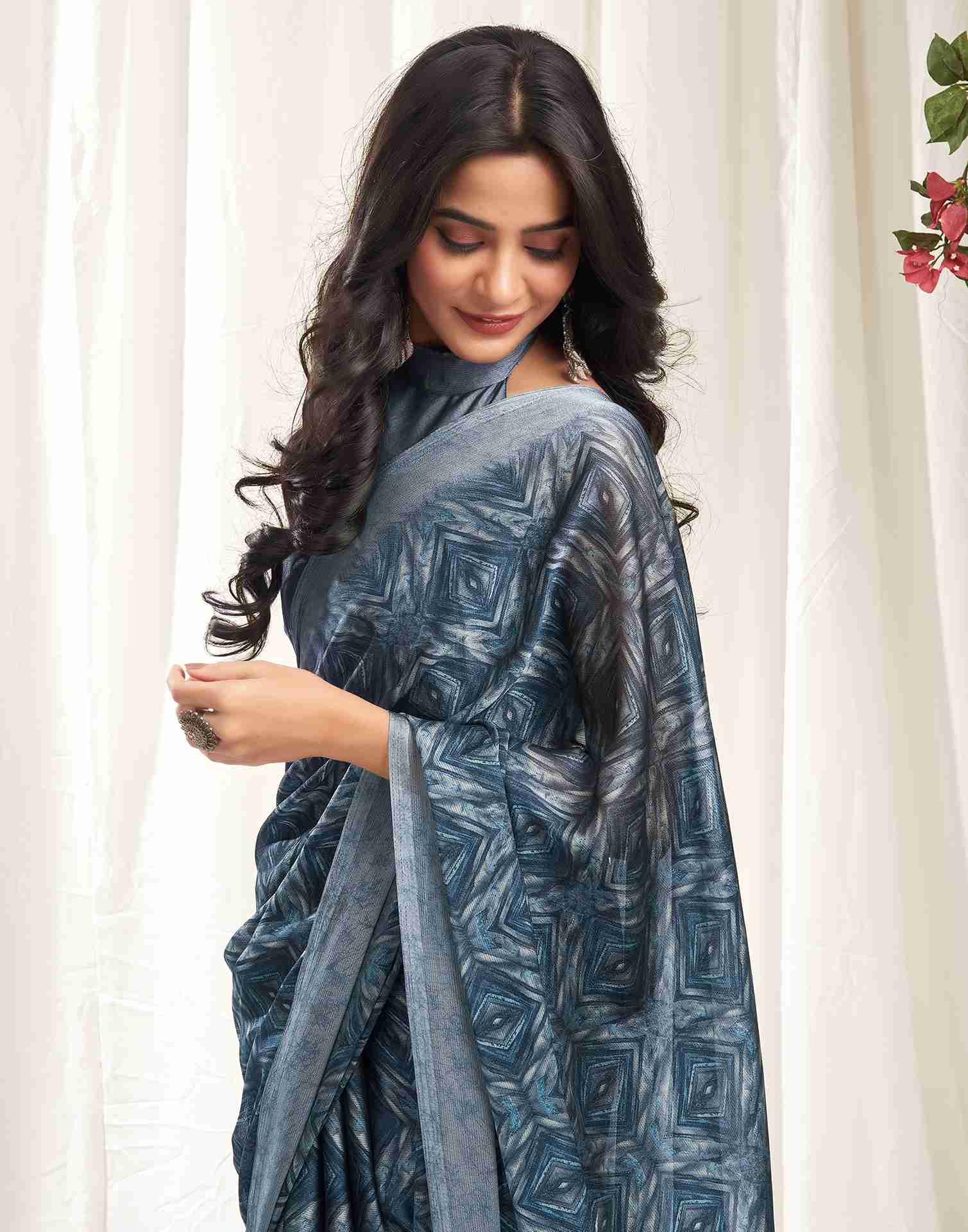 Steel Grey Georgette Printed Saree