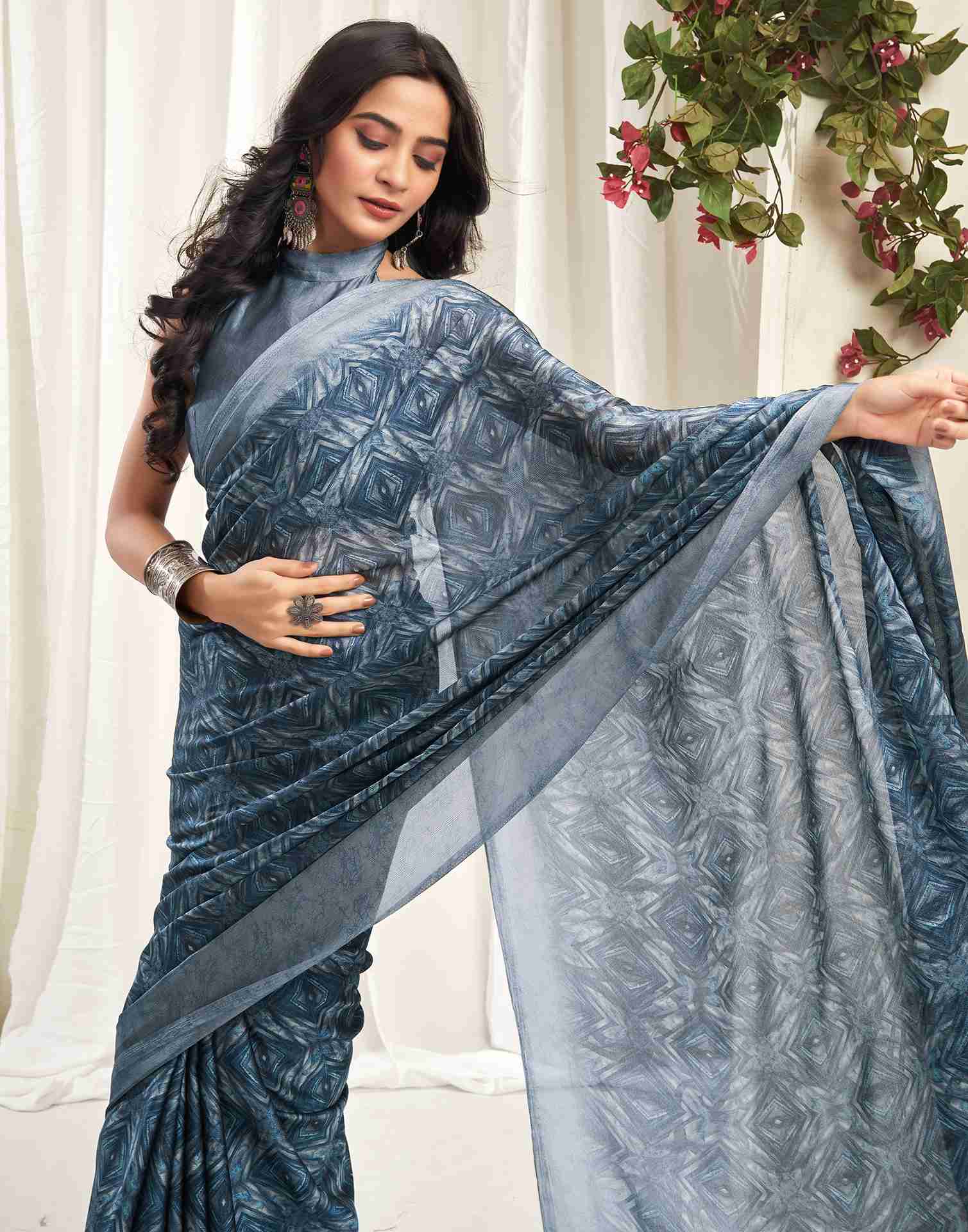 Steel Grey Georgette Printed Saree