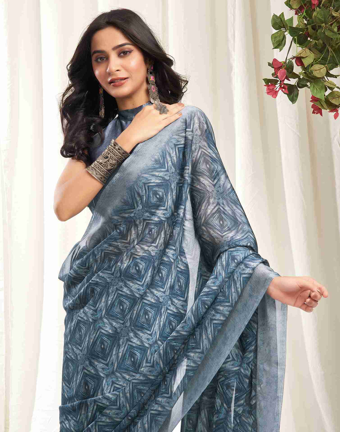 Steel Grey Georgette Printed Saree