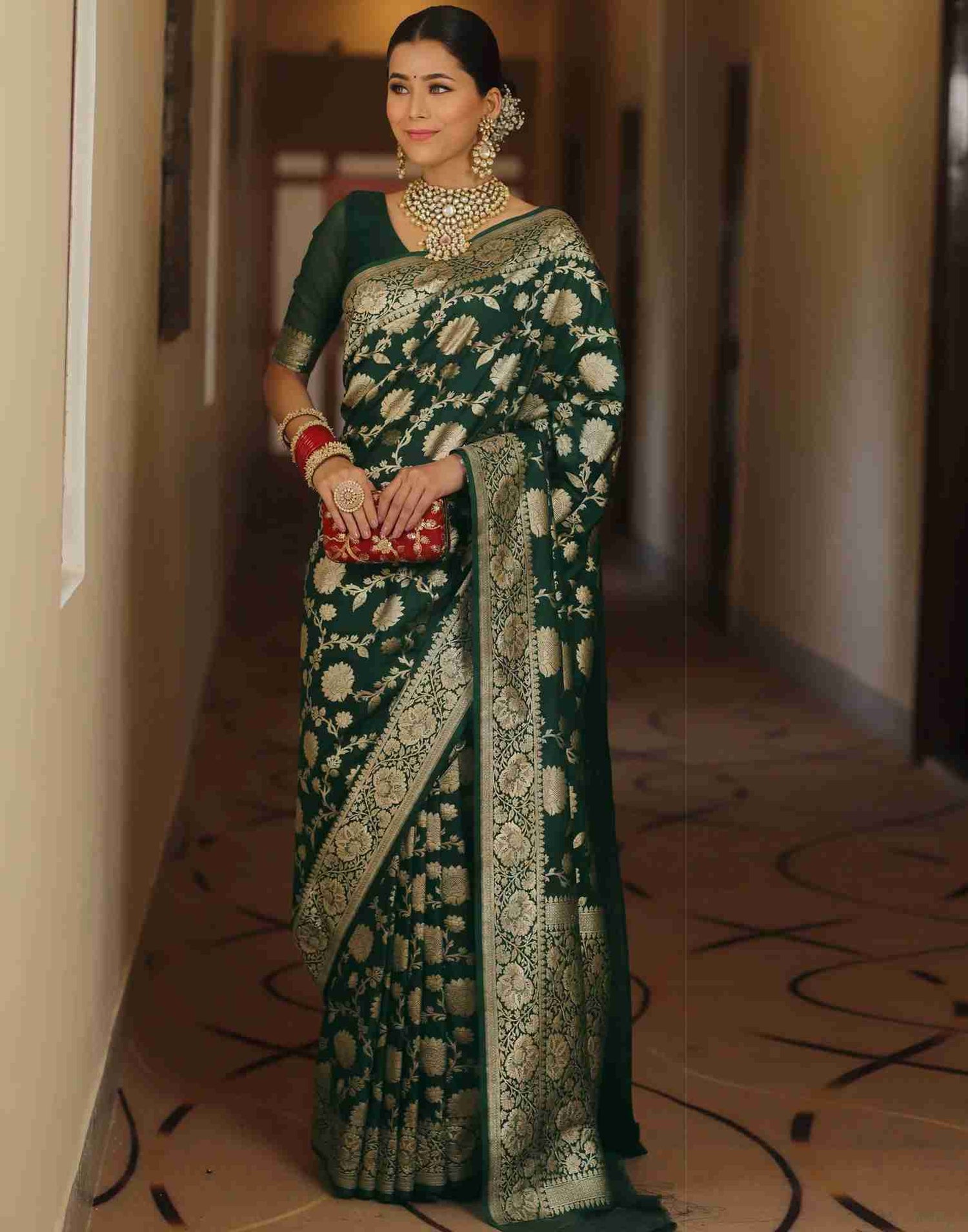 Dark Green Floral Banarasi Silk Saree