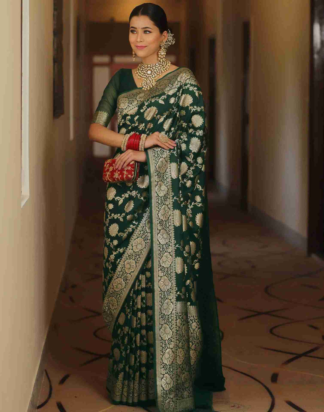 Dark Green Floral Banarasi Silk Saree