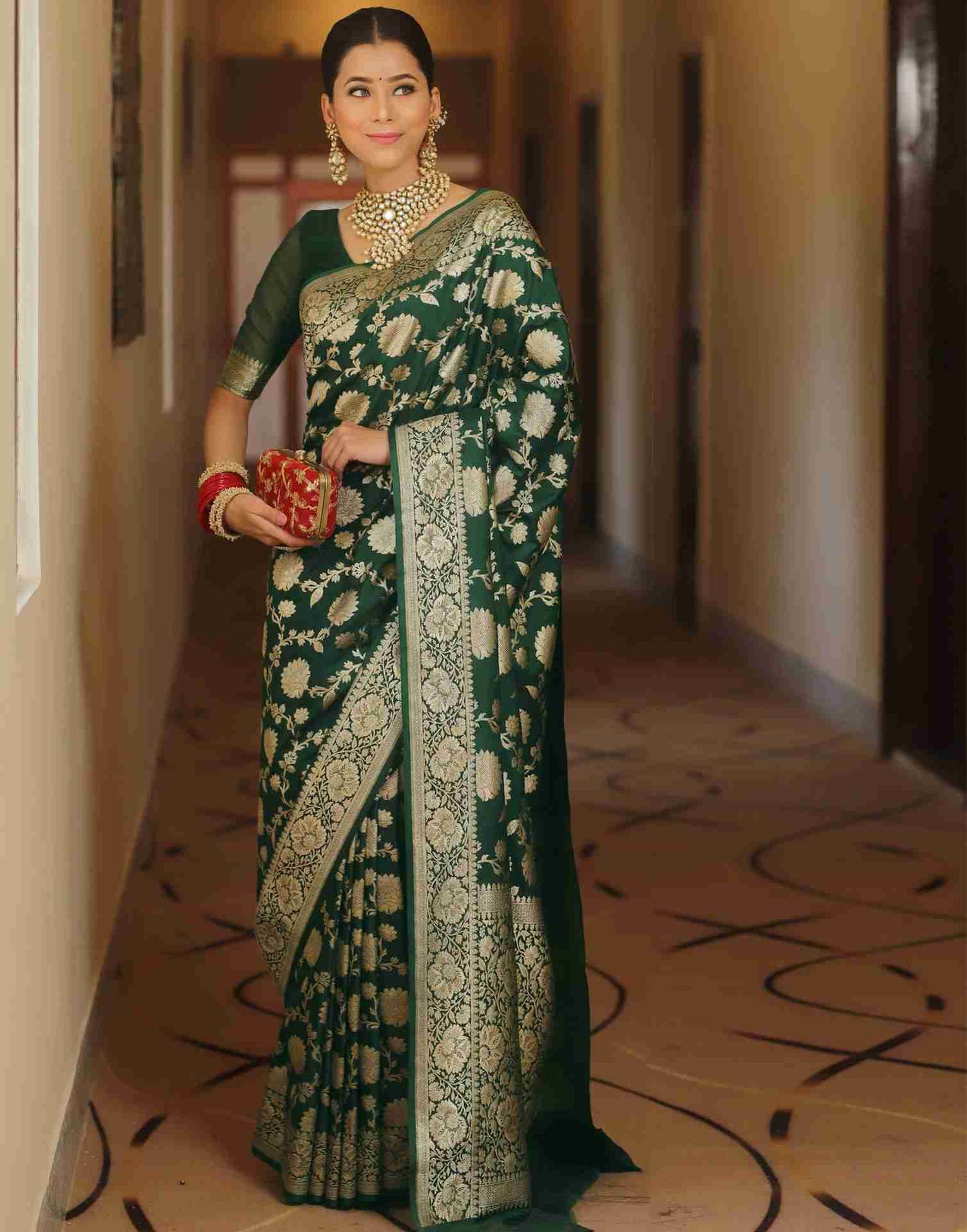 Dark Green Floral Banarasi Silk Saree