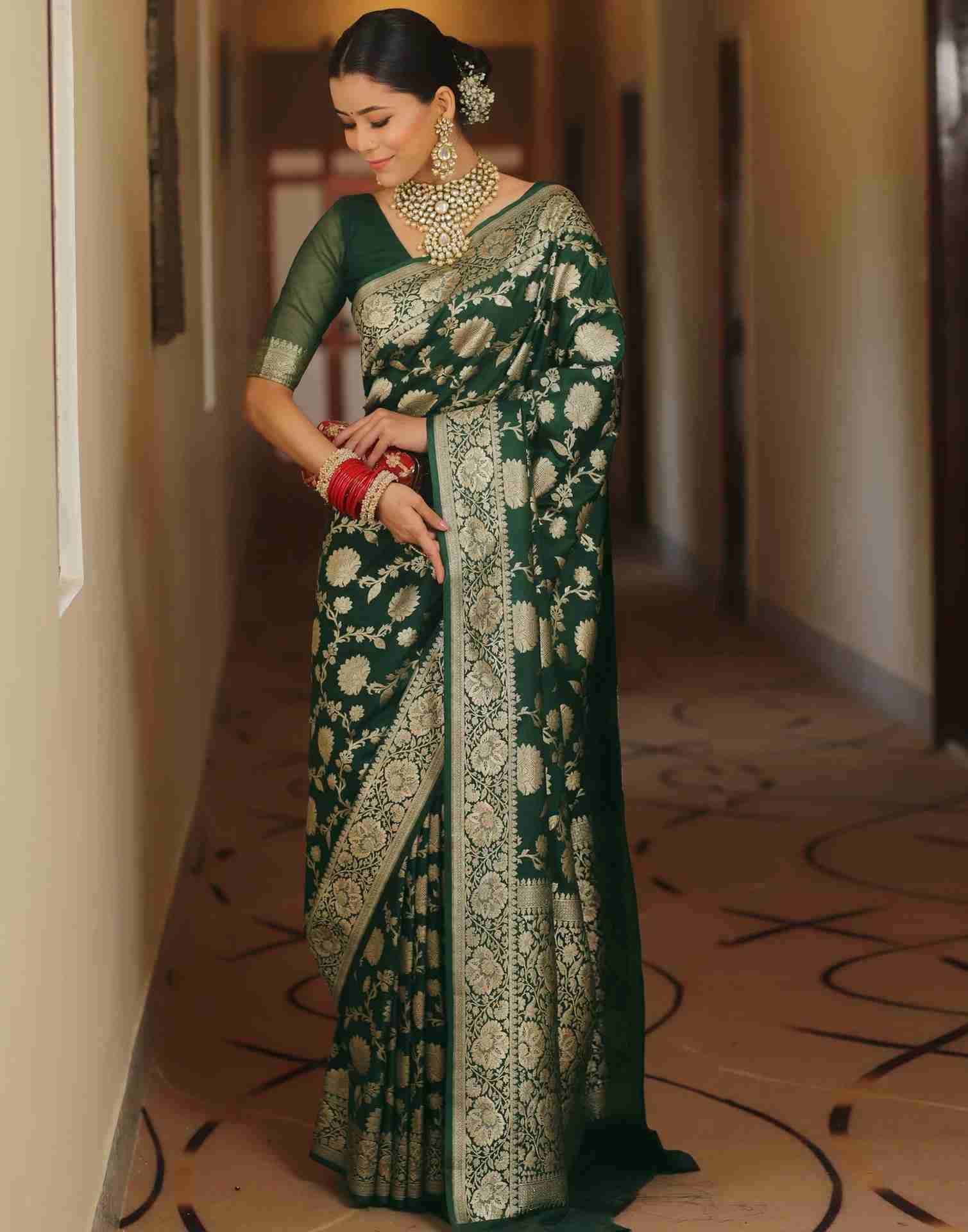 Dark Green Floral Banarasi Silk Saree