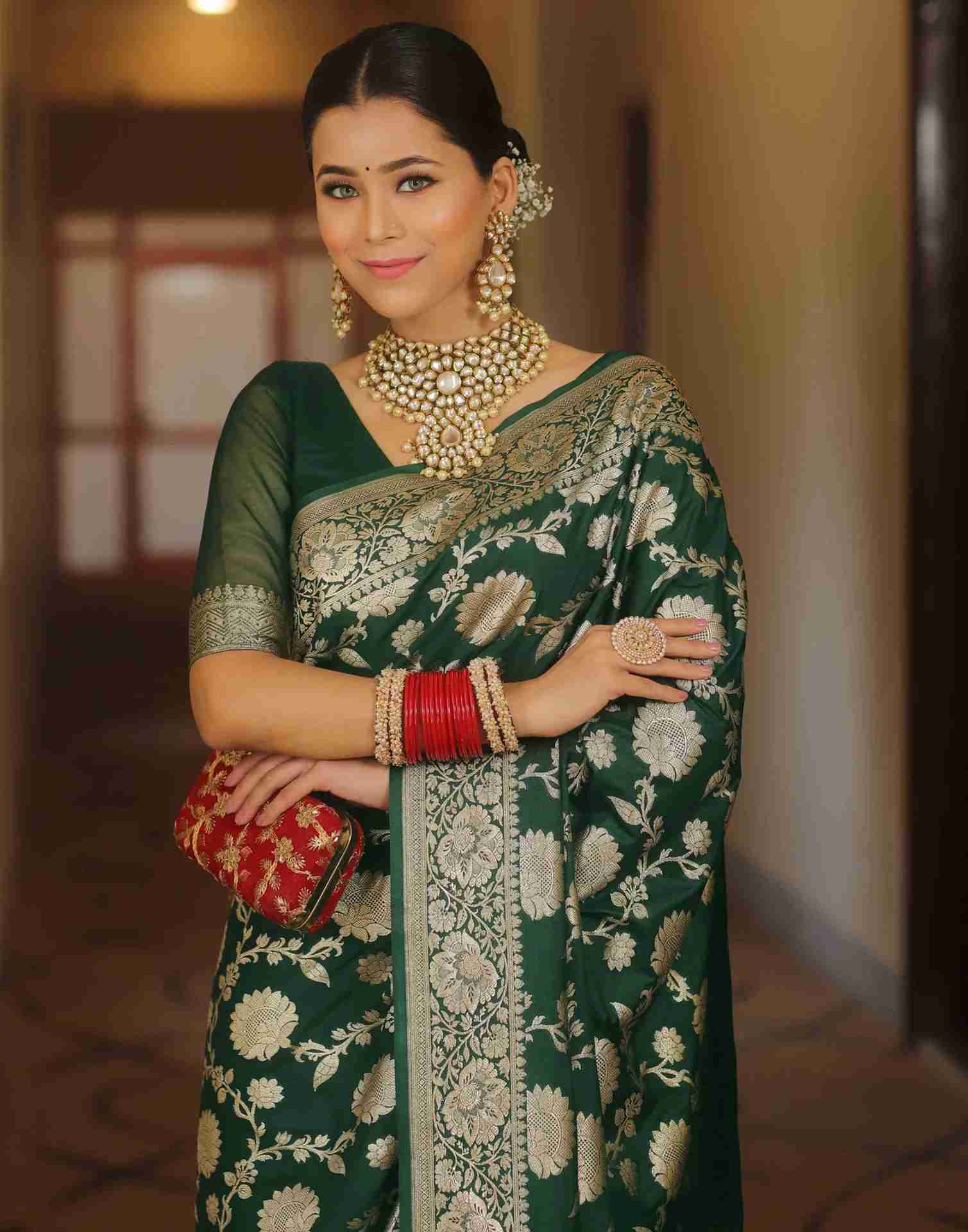 Dark Green Floral Banarasi Silk Saree