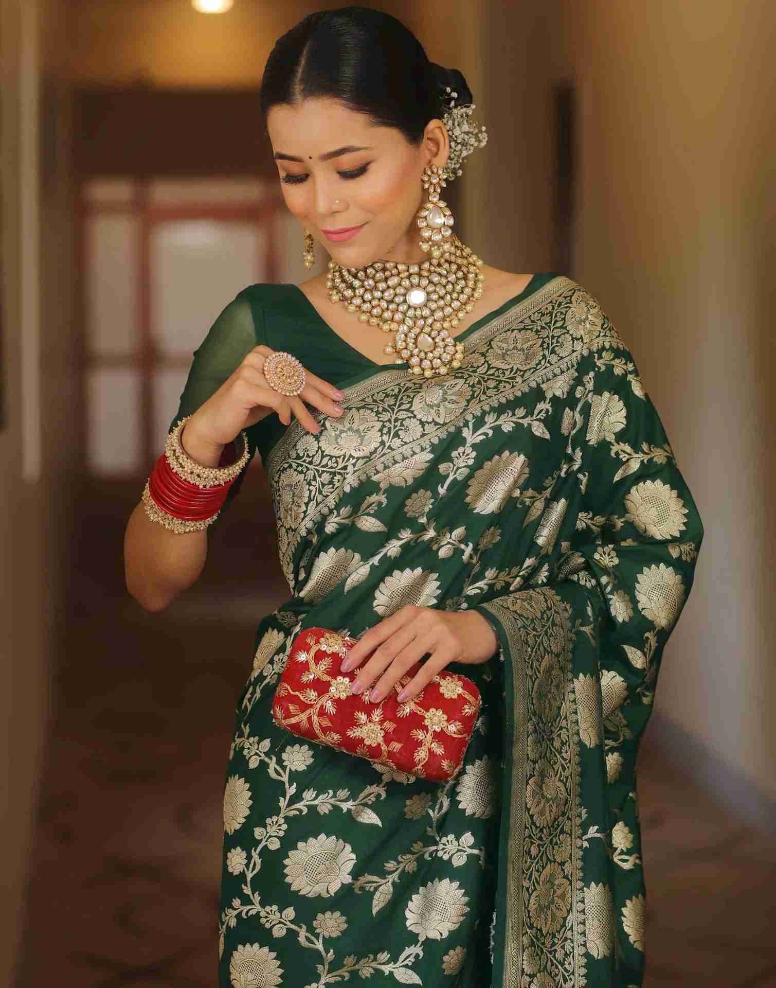 Dark Green Floral Banarasi Silk Saree