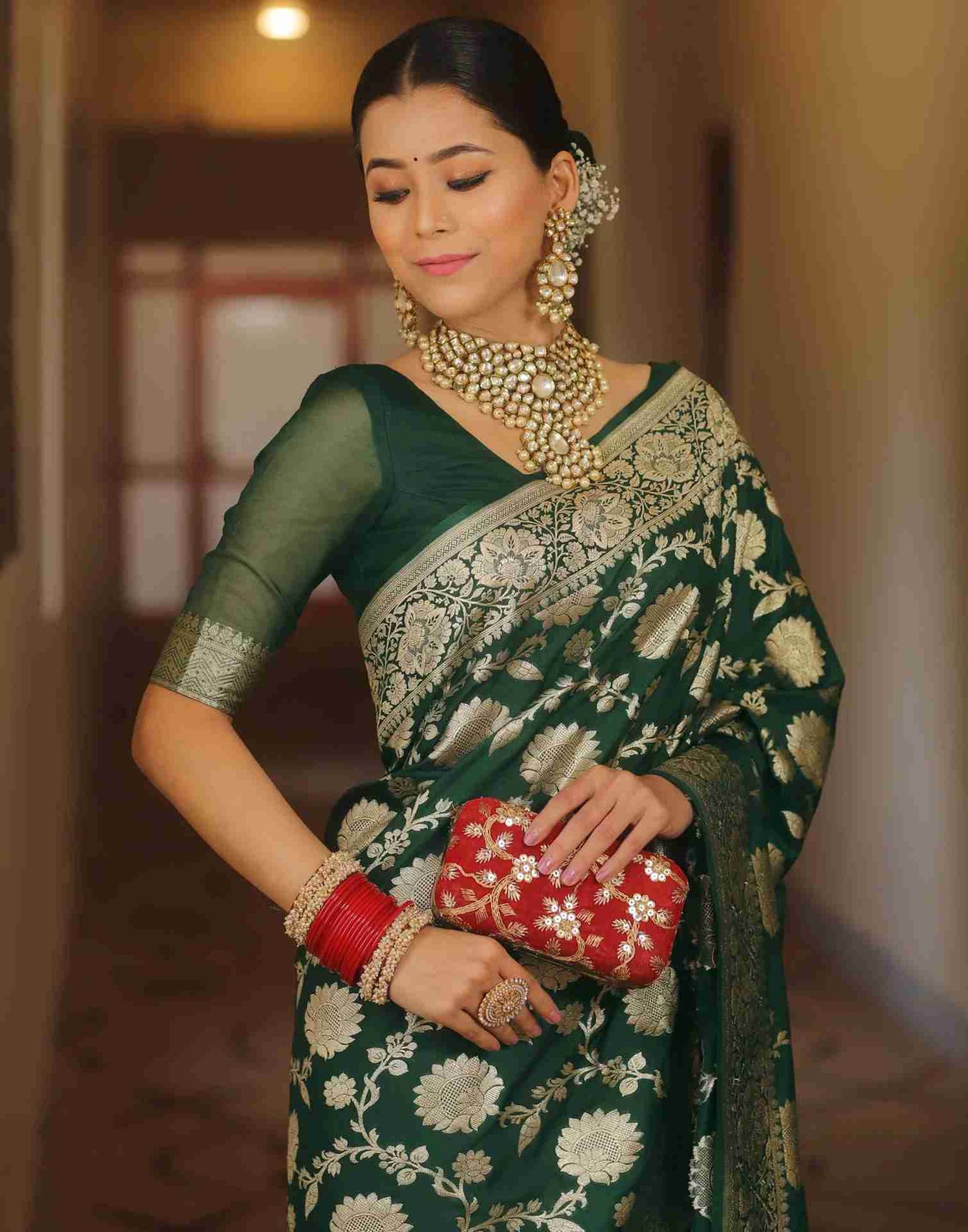 Dark Green Floral Banarasi Silk Saree