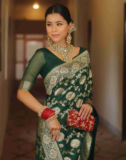 Dark Green Floral Banarasi Silk Saree