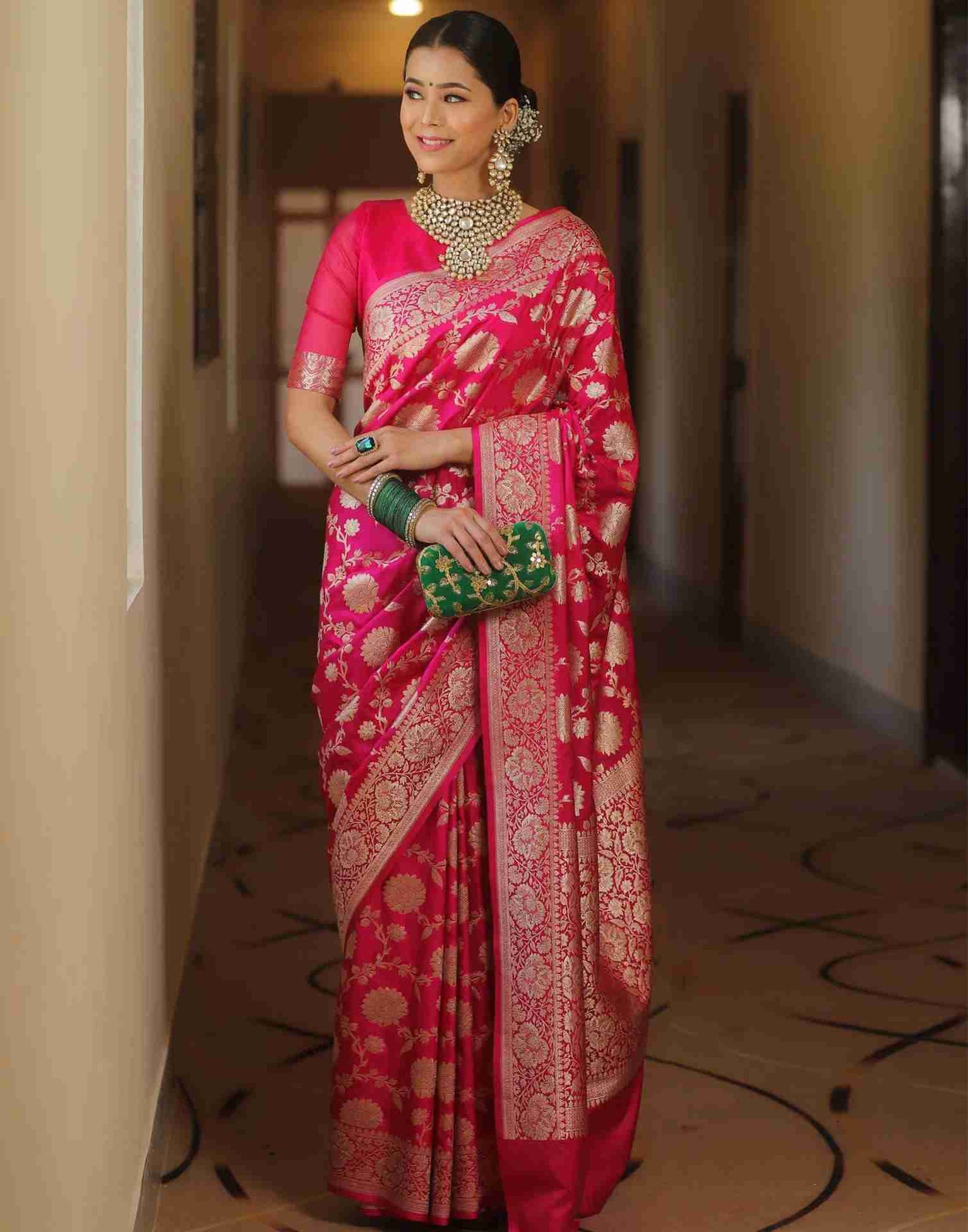 Bright Pink Silk Woven Banarasi Saree