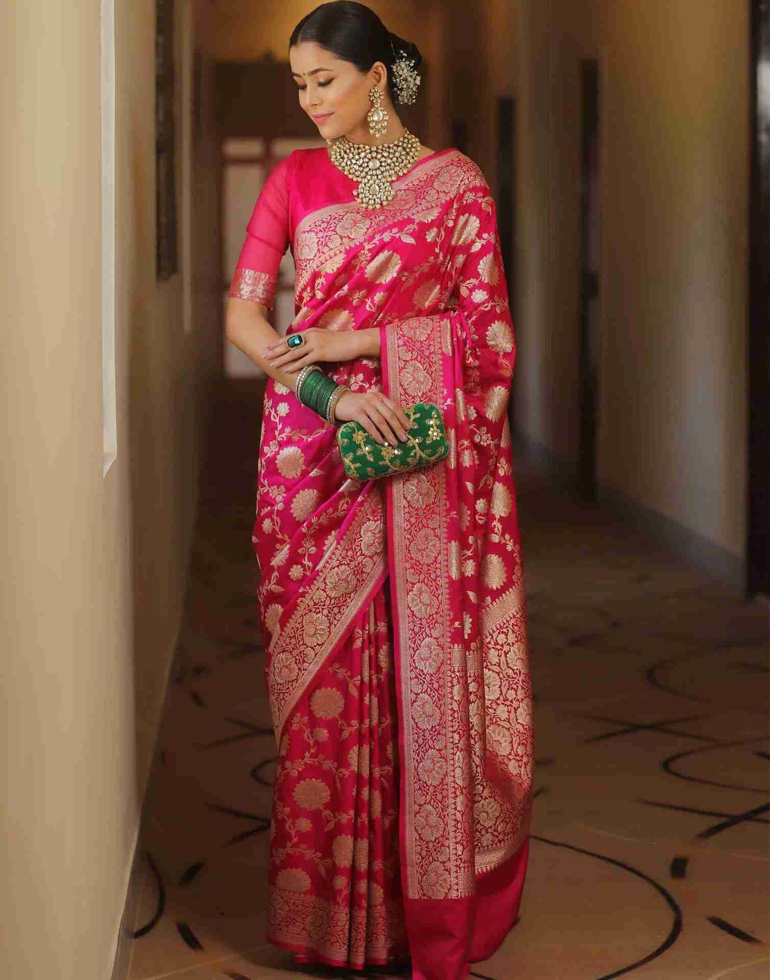 Bright Pink Silk Woven Banarasi Saree