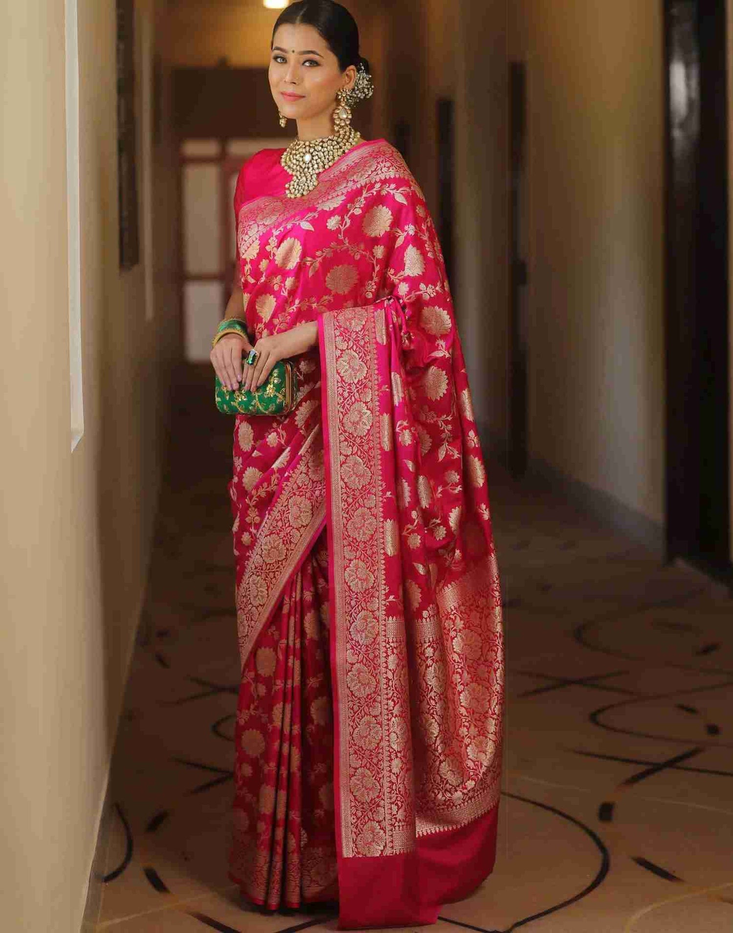 Bright Pink Silk Woven Banarasi Saree