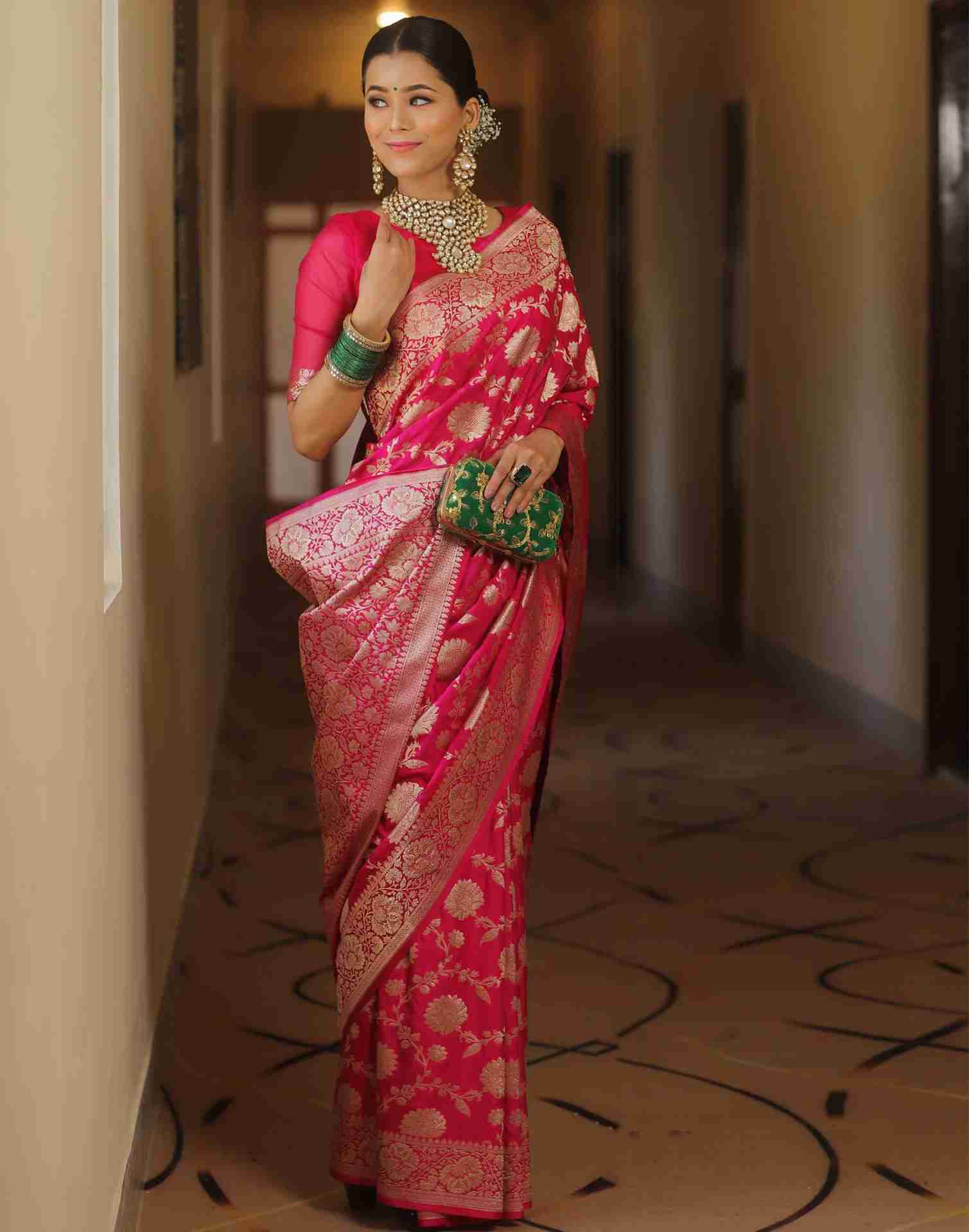 Bright Pink Silk Woven Banarasi Saree