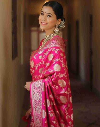 Bright Pink Silk Woven Banarasi Saree