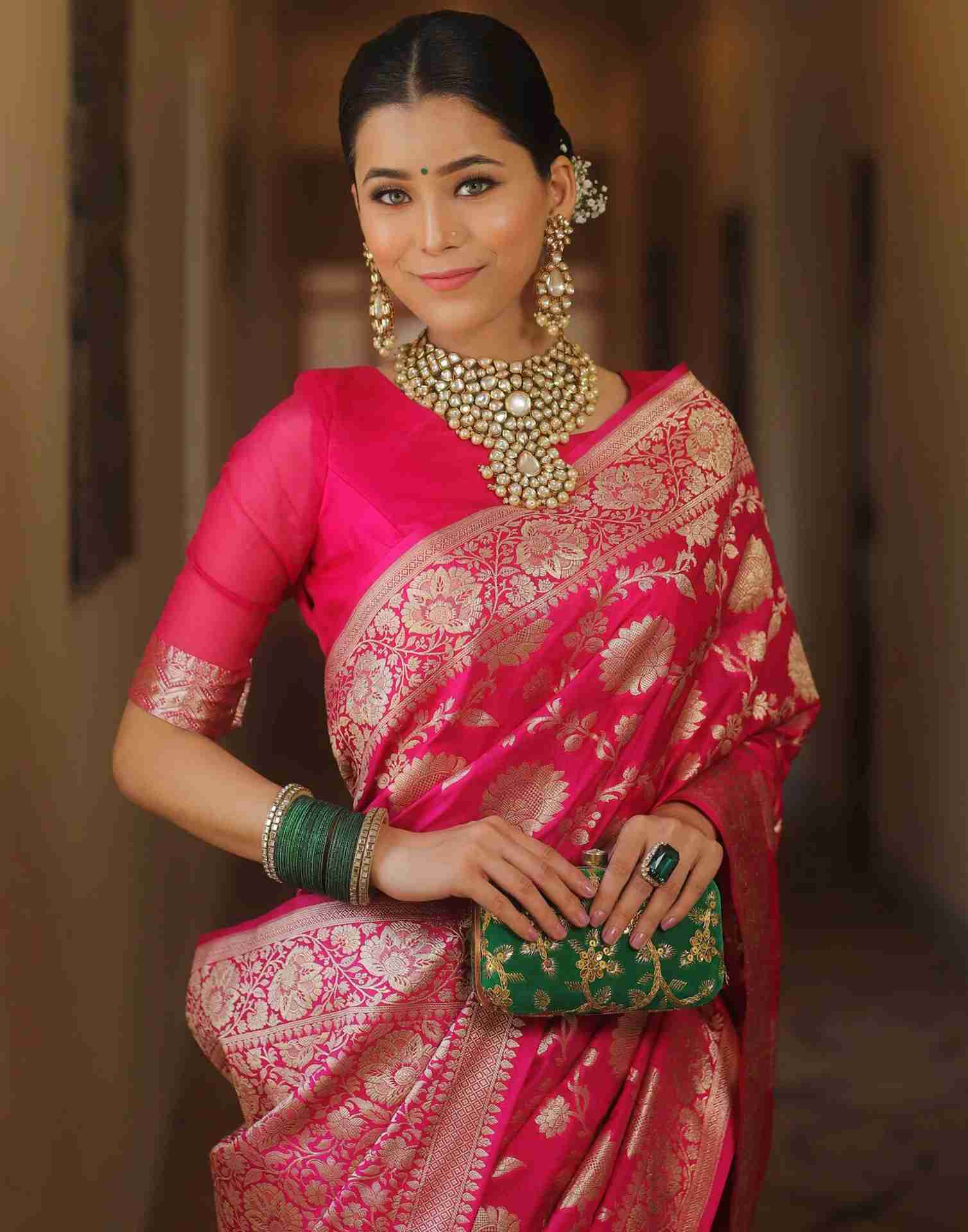 Bright Pink Silk Woven Banarasi Saree