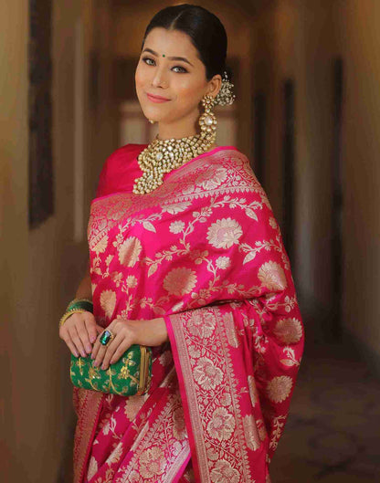 Bright Pink Silk Woven Banarasi Saree