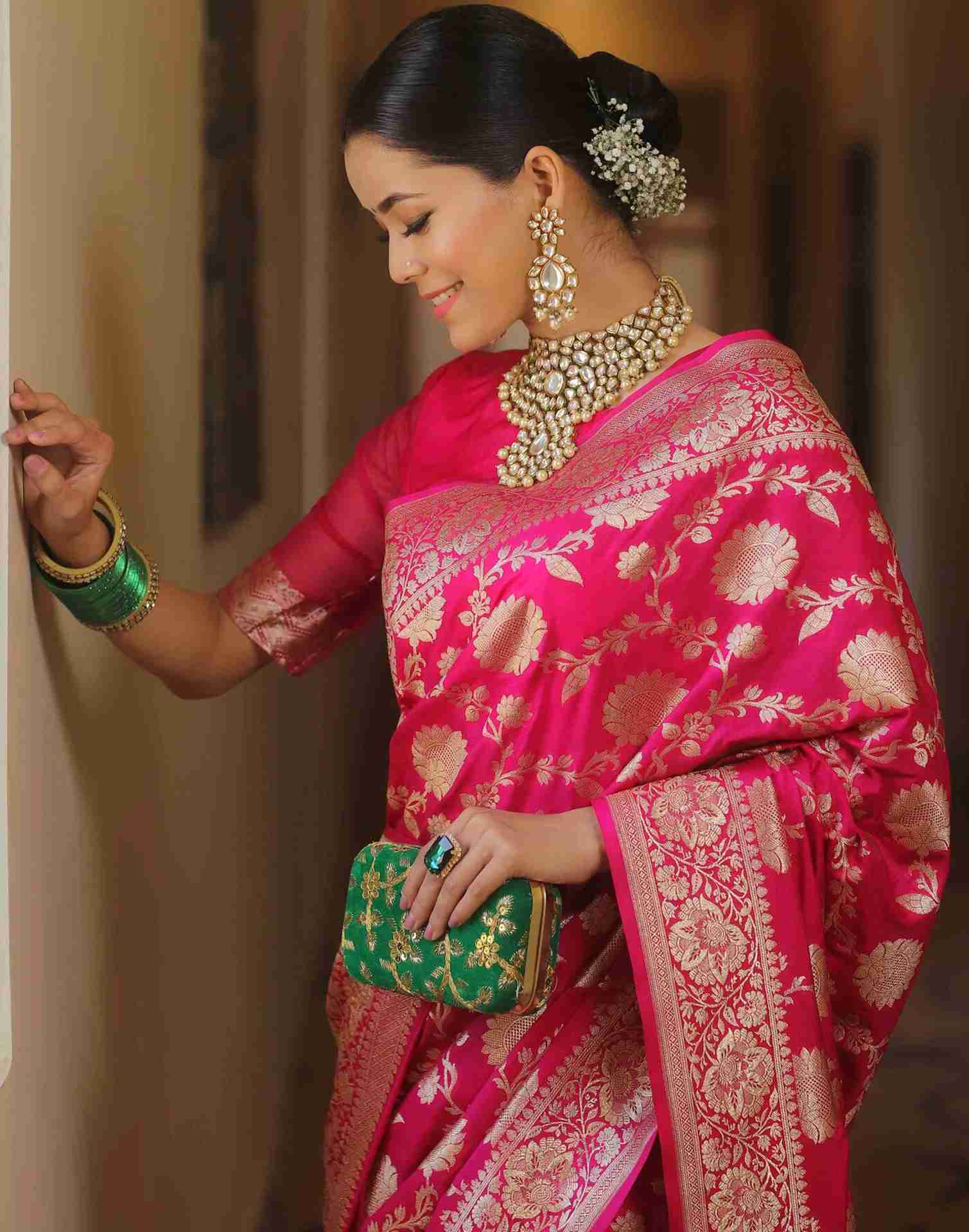 Bright Pink Silk Woven Banarasi Saree