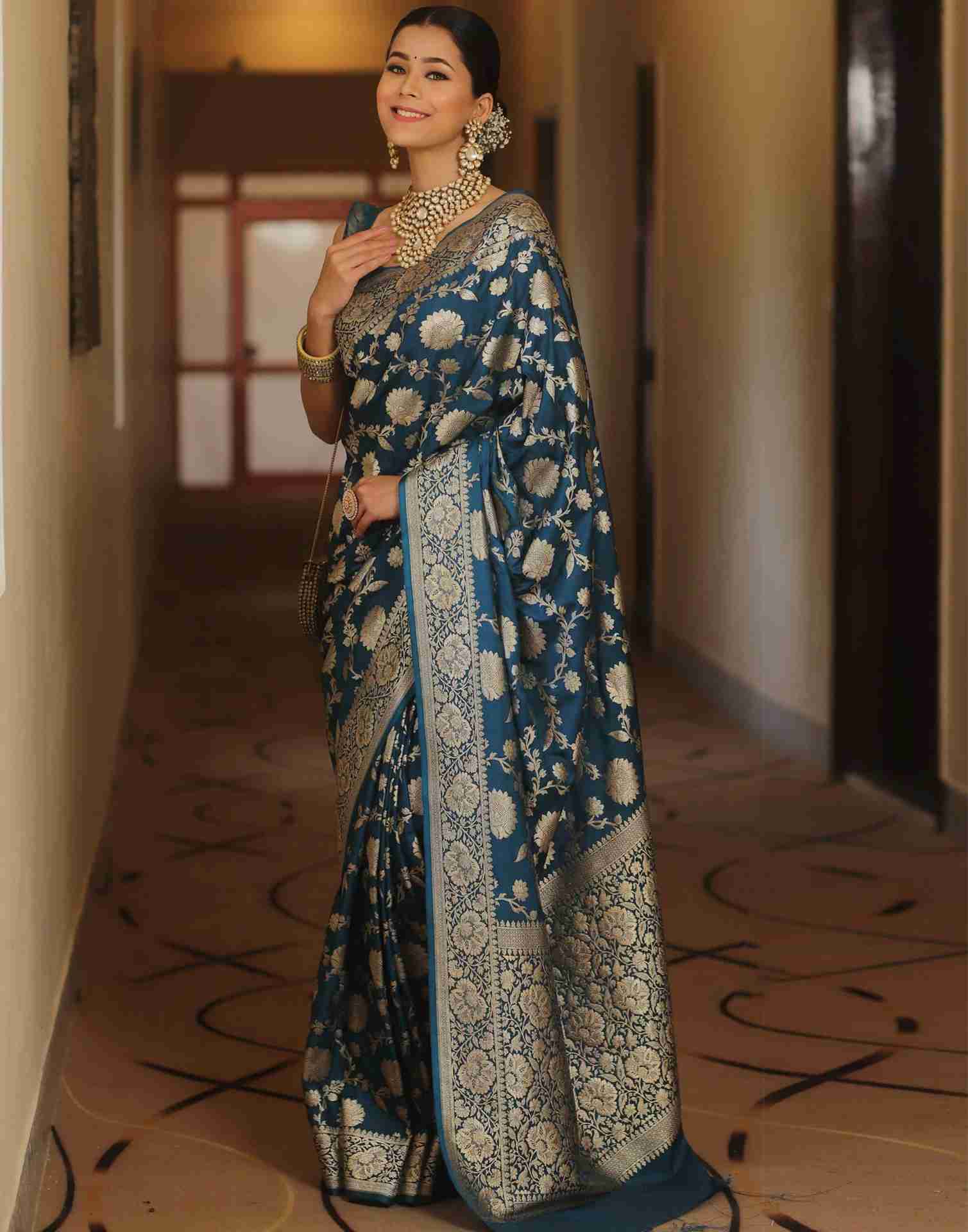 Rama Blue Floral Banarasi Silk Saree