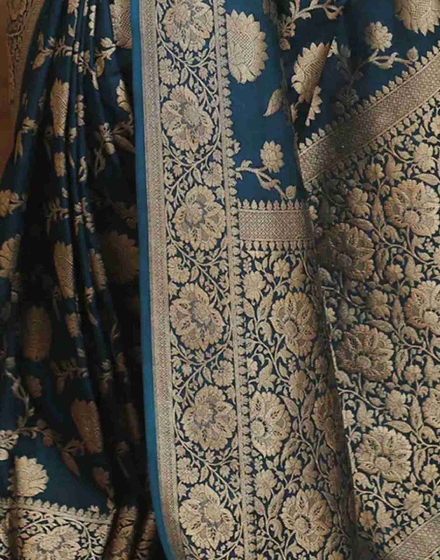 Rama Blue Floral Banarasi Silk Saree