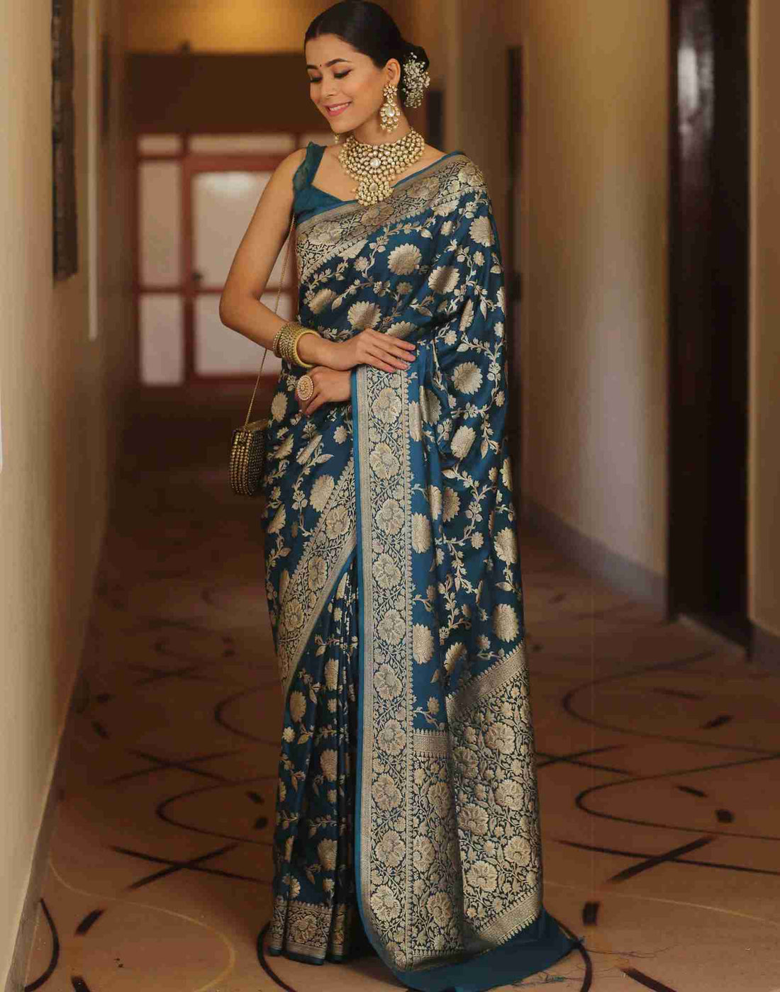 Rama Blue Floral Banarasi Silk Saree