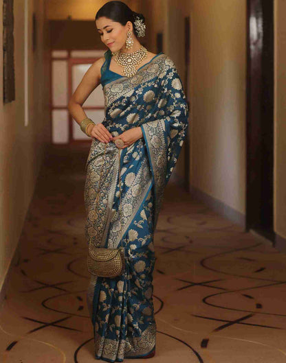 Rama Blue Floral Banarasi Silk Saree