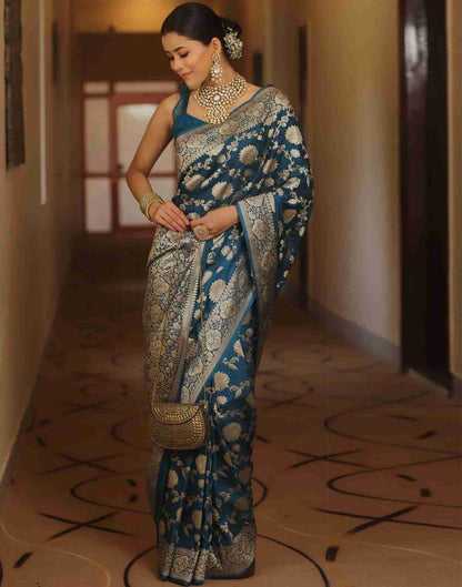 Rama Blue Floral Banarasi Silk Saree