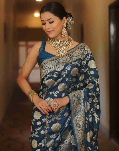 Rama Blue Floral Banarasi Silk Saree