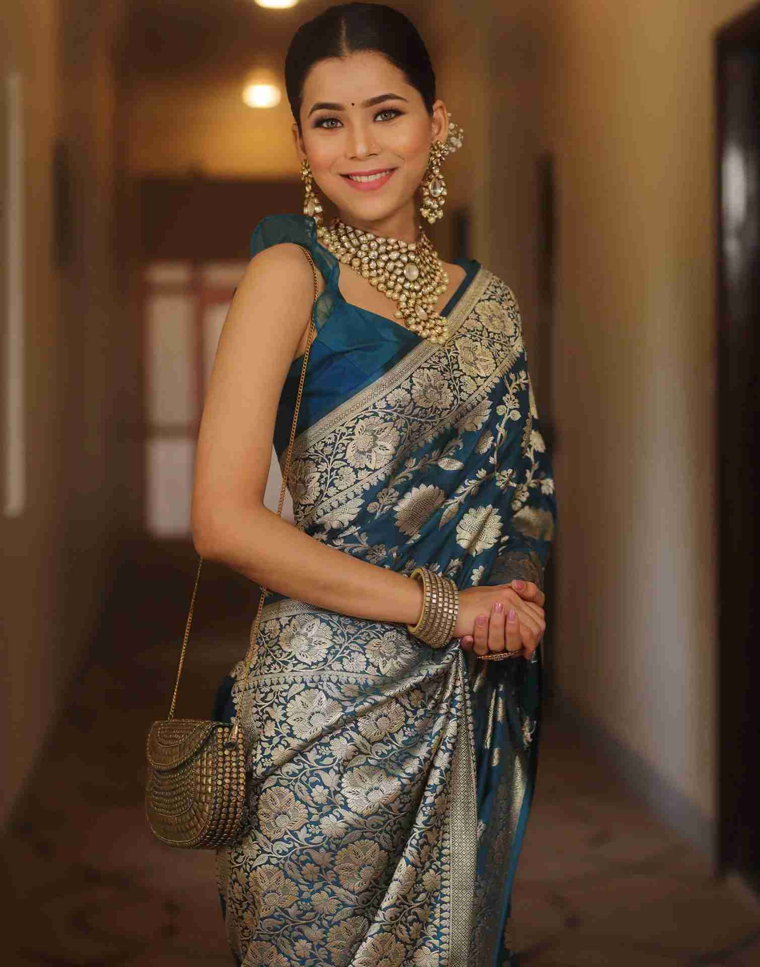 Rama Blue Floral Banarasi Silk Saree