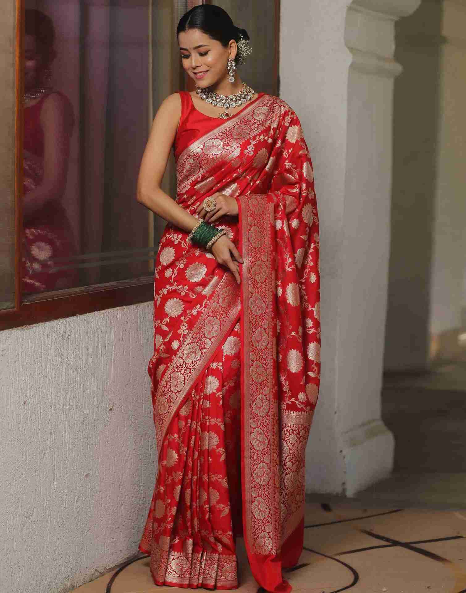 Red Floral Banarasi Silk Saree