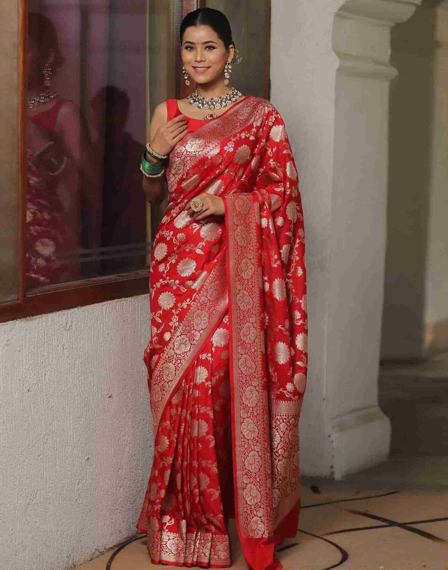 Red Floral Banarasi Silk Saree