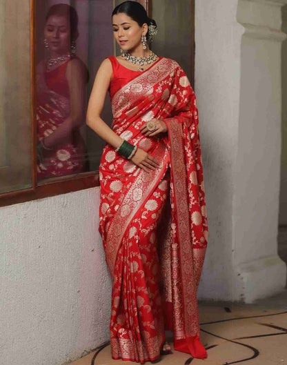 Red Floral Banarasi Silk Saree