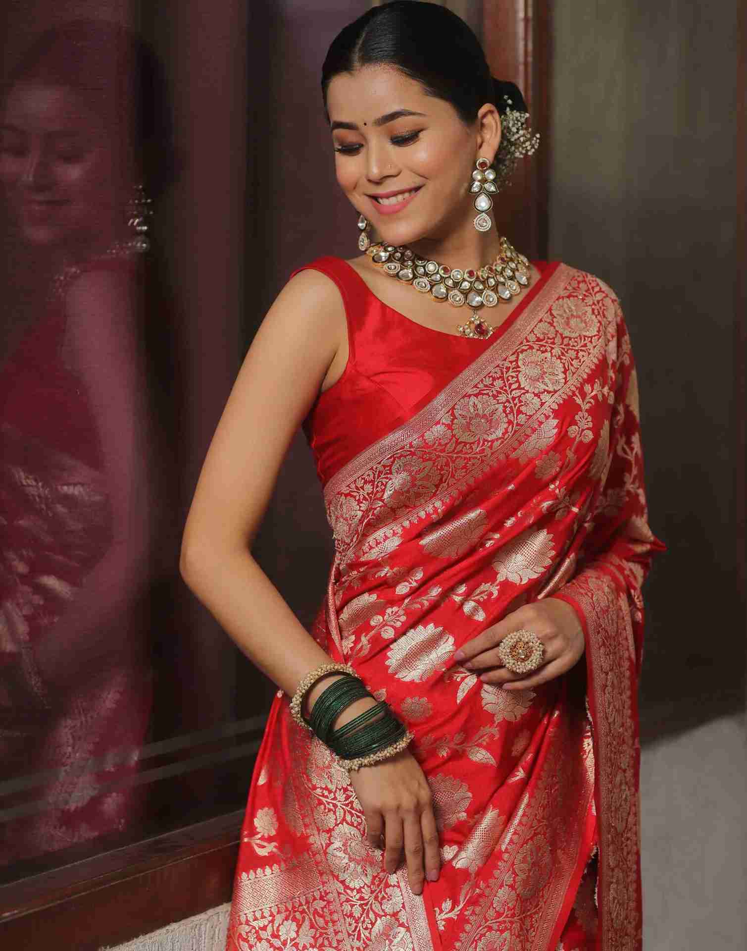 Red Floral Banarasi Silk Saree