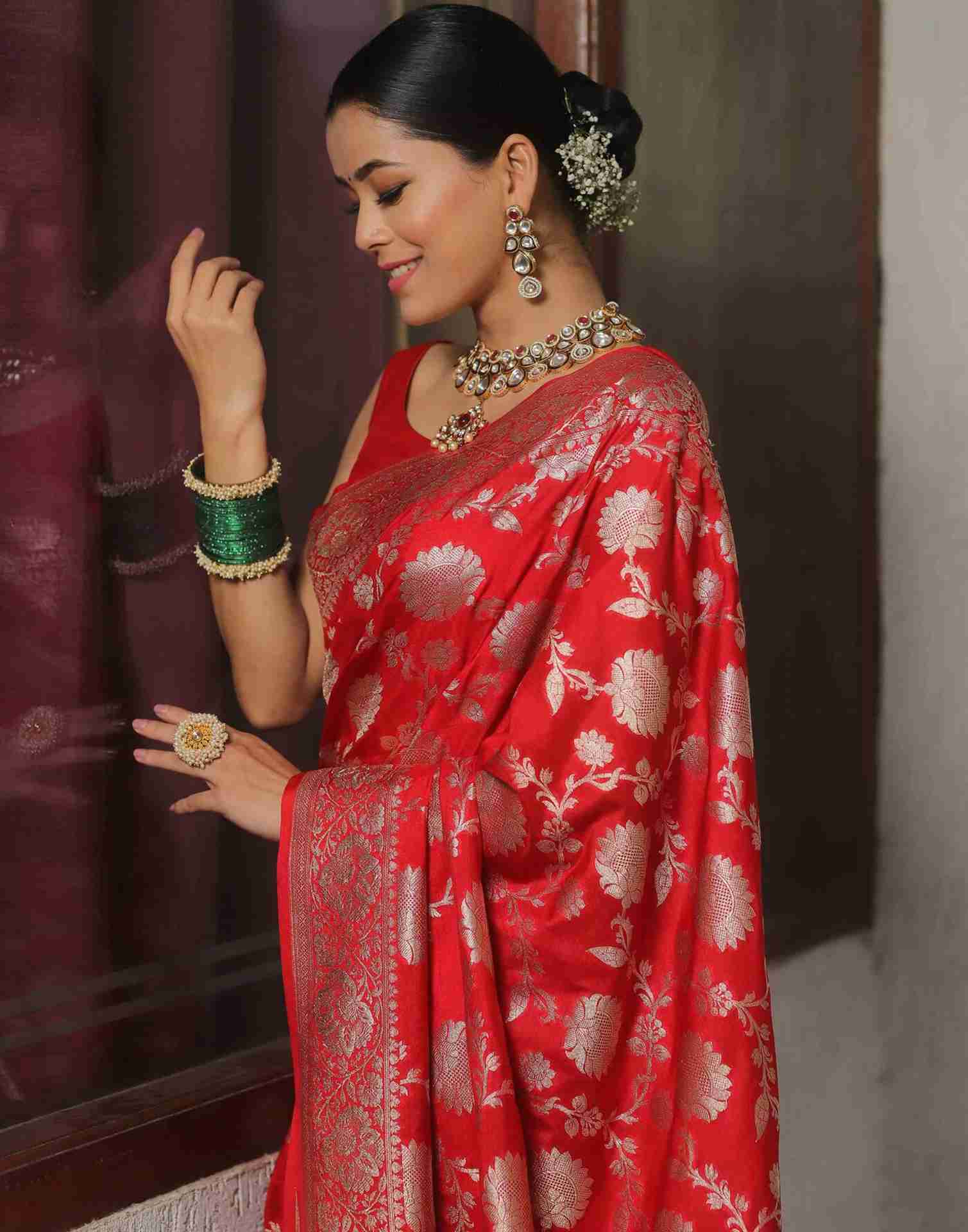 Red Floral Banarasi Silk Saree