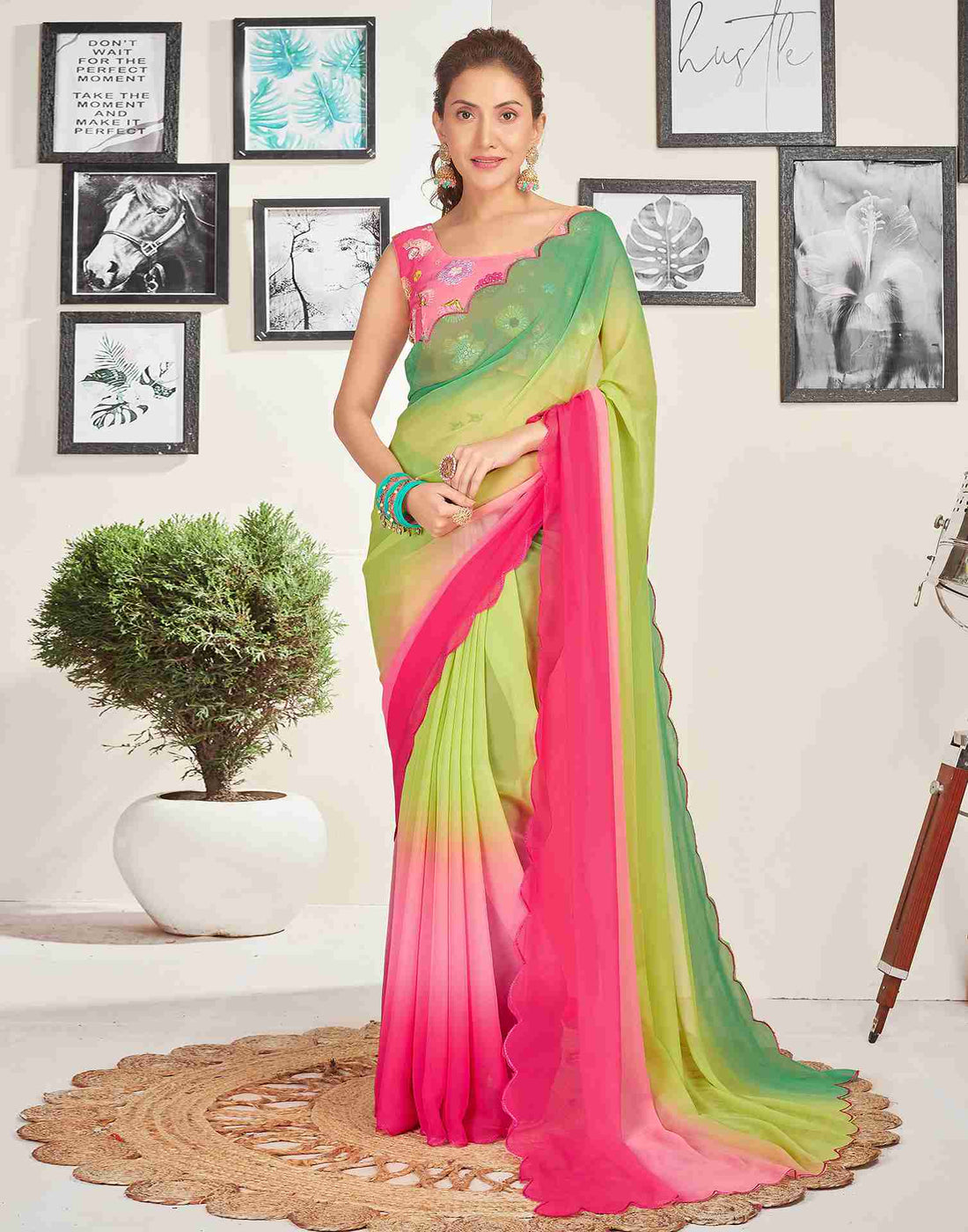 Green Georgette Plain Saree