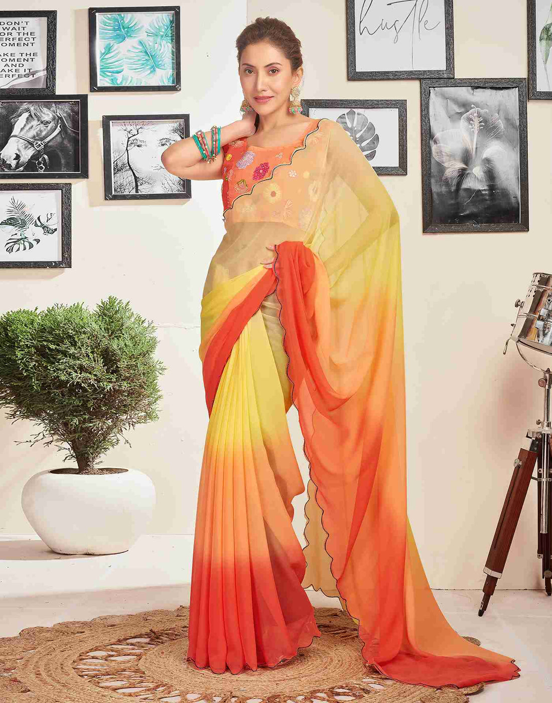 Yellow Georgette Plain Saree