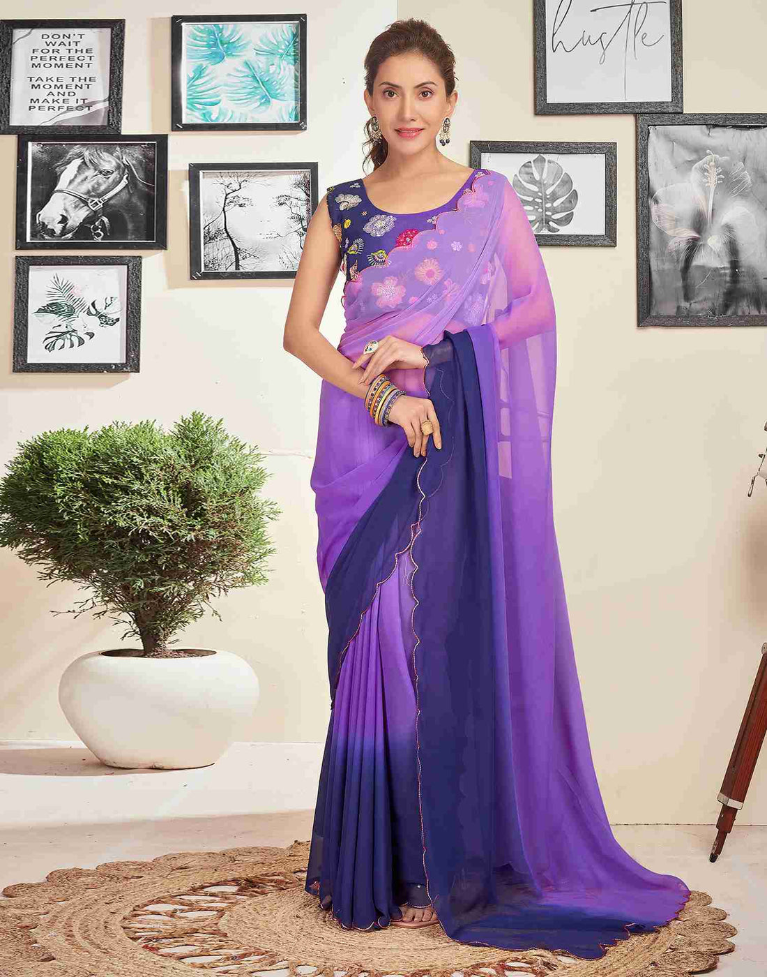 Navy Blue Georgette Plain Saree