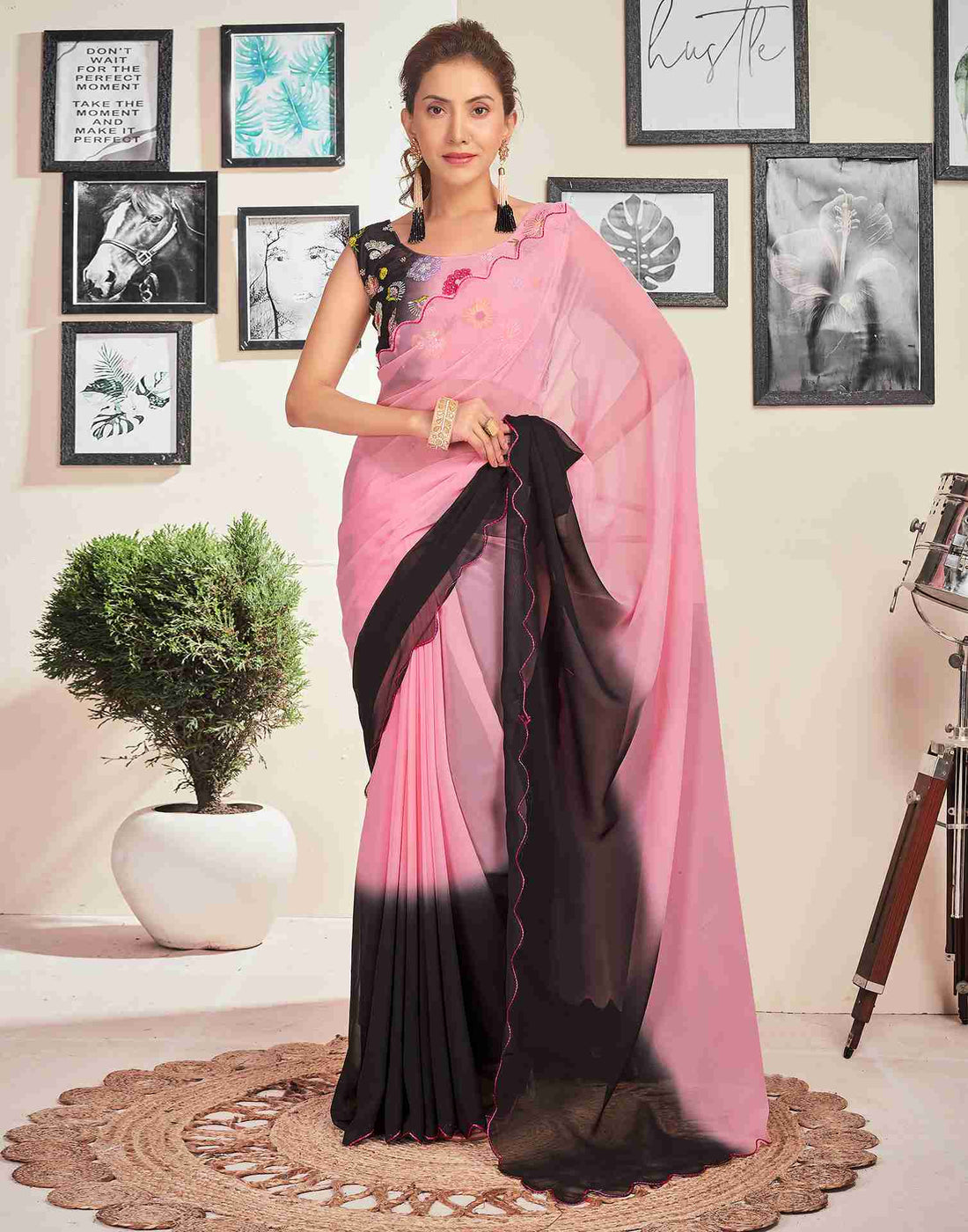 Light Rose Pink Georgette Plain Saree