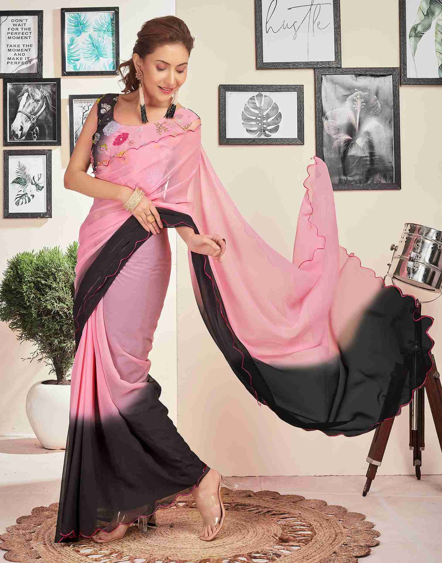 Light Rose Pink Georgette Plain Saree