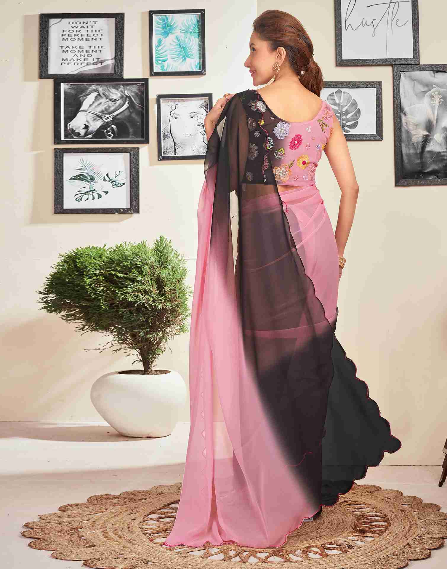 Light Rose Pink Georgette Plain Saree