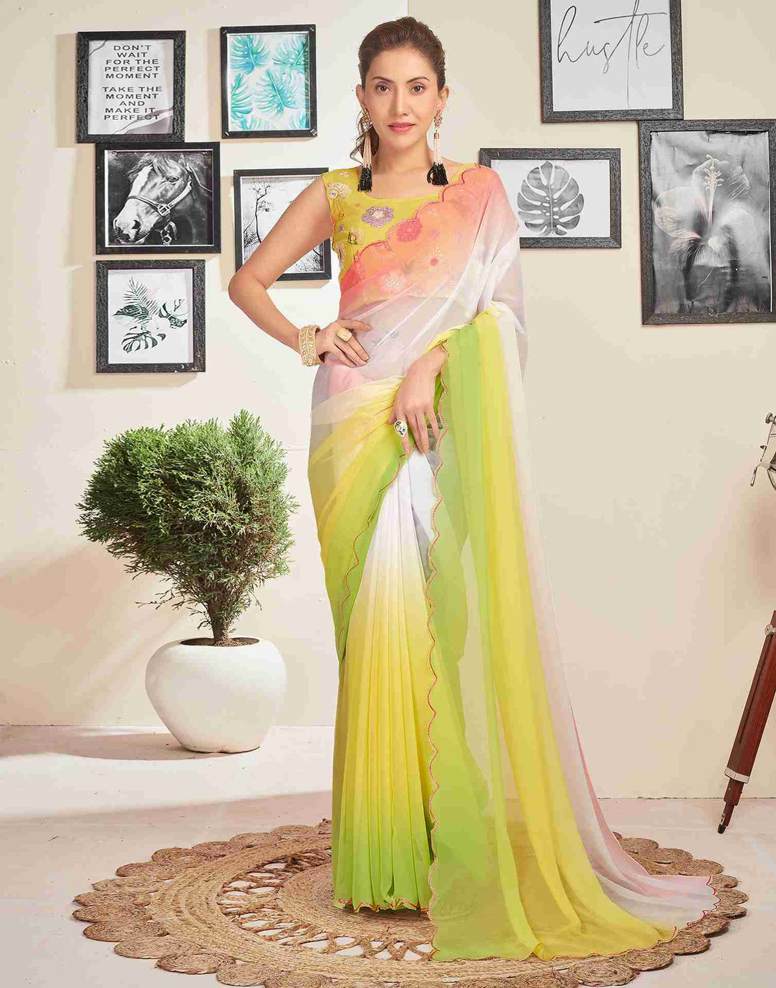 Green Georgette Plain Saree